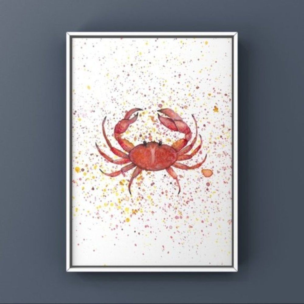 Watercolor burgundy crab with splash art print